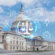 Capitol dome building exterior, Washington DC, USA. Home of Congress, Capitol Hill. American political system. Glowing hologram legal icons. The concept of law, order, regulations and digital justice