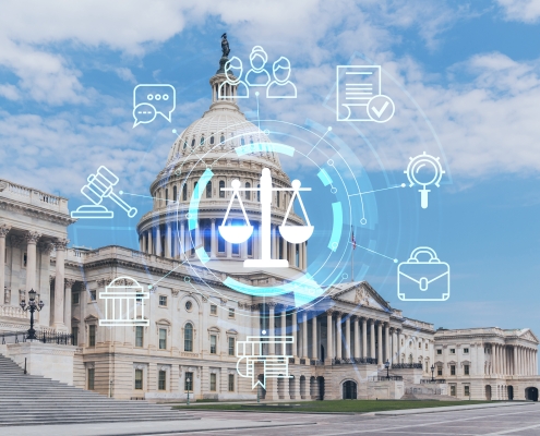 Capitol dome building exterior, Washington DC, USA. Home of Congress, Capitol Hill. American political system. Glowing hologram legal icons. The concept of law, order, regulations and digital justice